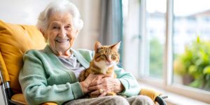 Older adult arranging family photographs in a comfortable assisted living room with a relative nearby.