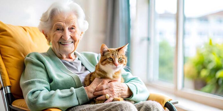 Older adult arranging family photographs in a comfortable assisted living room with a relative nearby.